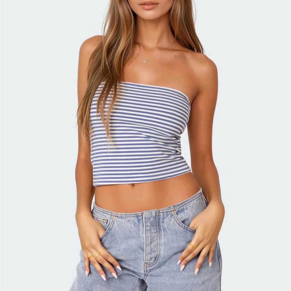 Edikted Blue & White Striped Tube Crop Top